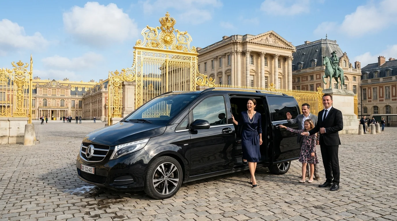 Van Mercedes Classe V VIP devant la grille dorée royale du Château de Versailles avec chauffeur de prestige