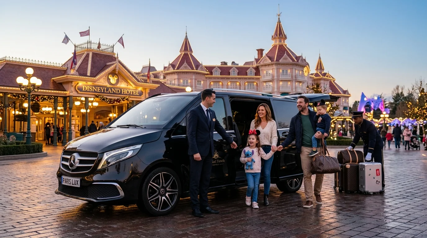 Van Mercedes Classe V de luxe avec chauffeur privé devant le Disneyland Hotel pour un séjour en famille