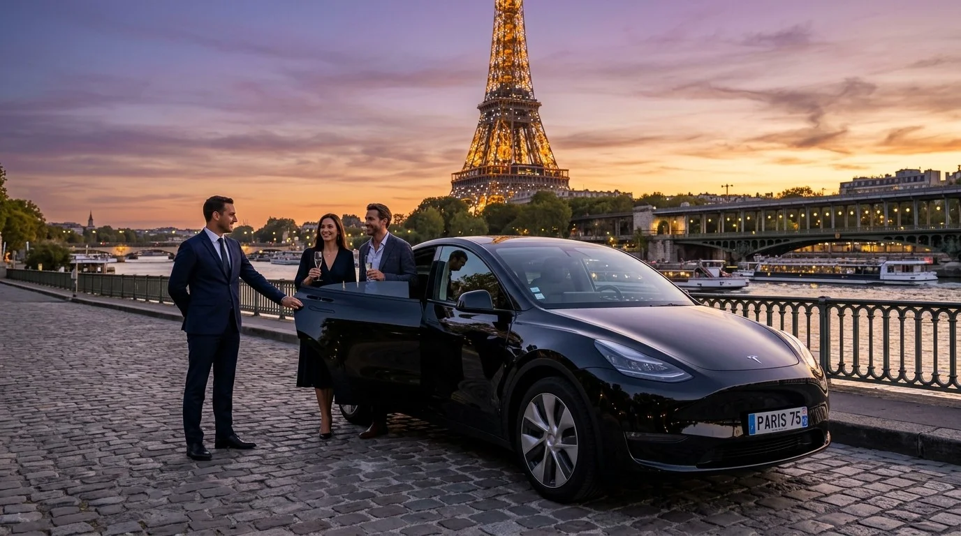 Tesla Model Y SUV Pont de Bir Hakeim vue Tour Eiffel chauffeur prive VTC